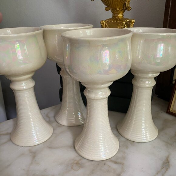 4 Vintage Iridescent White Ceramic handmade Wine Glasses Goblets Signed Sylvie - Picture 3 of 4